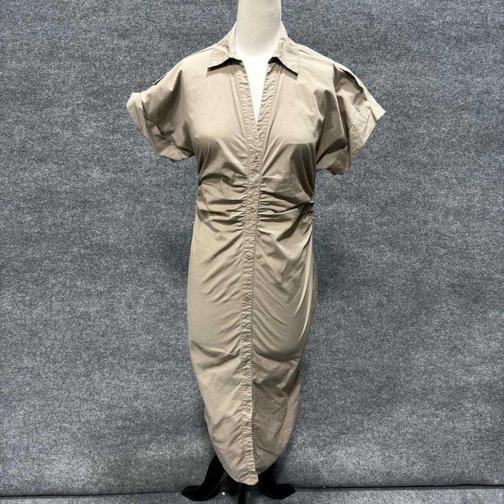 Saunders Collective Dress Womens 6 Beige Shirt Collared Ruched Button Front Midi